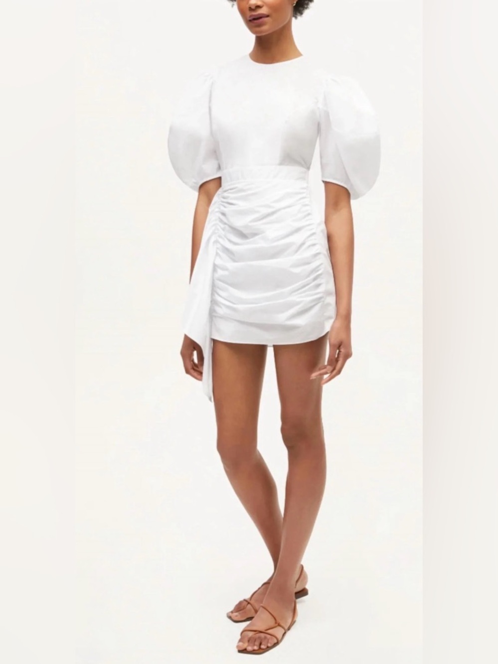RHODE Pia White Ruched Mini Dress with Puff Sleeves